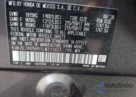 2020 Honda Hr-V 2Wd Ex from USA, damaged, VIN 3CZRU5H51LM711677